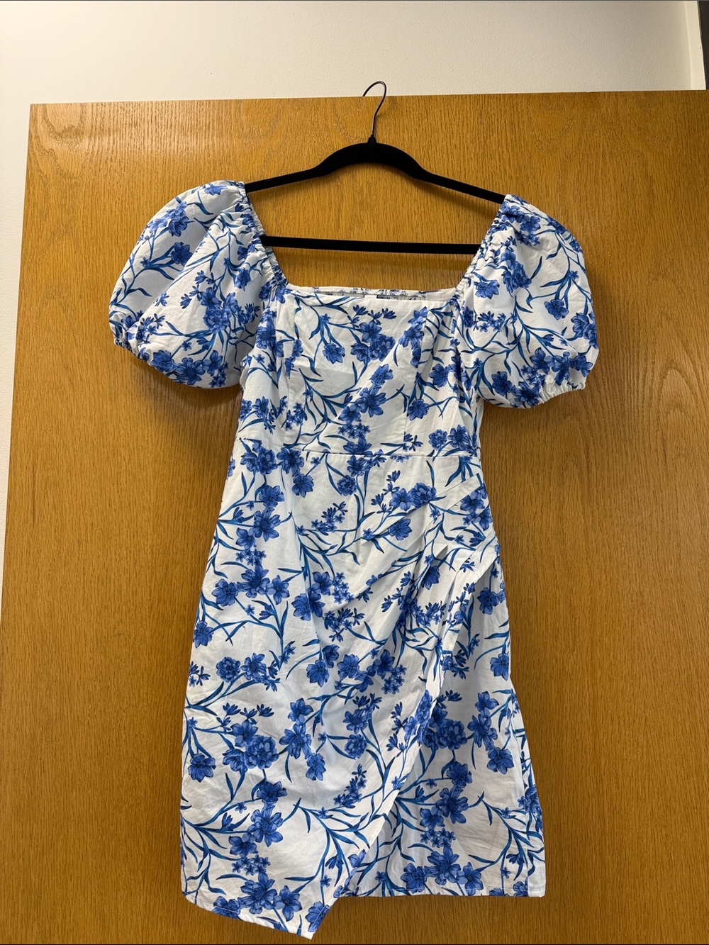 Mango - Blue Floral Square-Neck Puff-Sleeve Dress